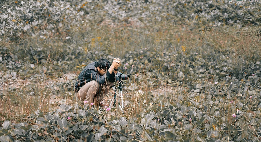 Man Wearing Black Jacket Squatting on Grass Field, camera, nature HD wallpaper