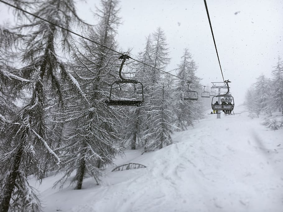 italy, piedmont, ski lift, riding, blizzard, snow storm, grey, HD wallpaper