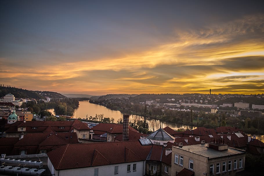 fade, river, prague, city, panorama, twilight, clouds, architecture HD wallpaper