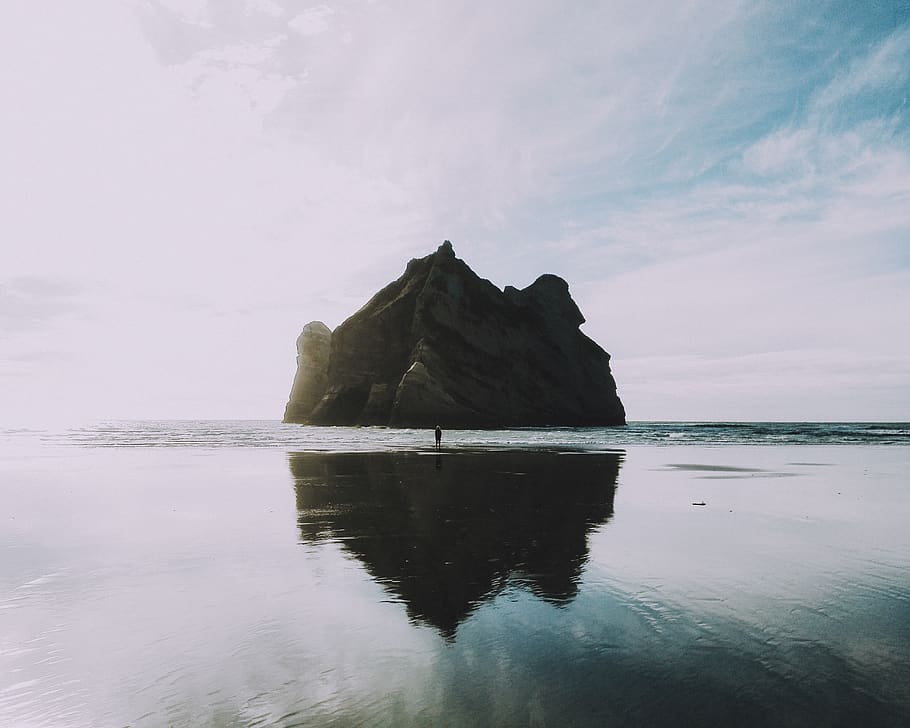 beach, water, reflection, ocean, sea, rocks, island, cliffs HD wallpaper