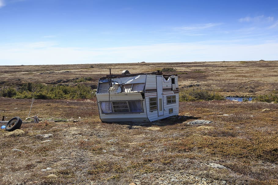 Old caravan trailer over turned and damaged., camping, abandoned HD wallpaper