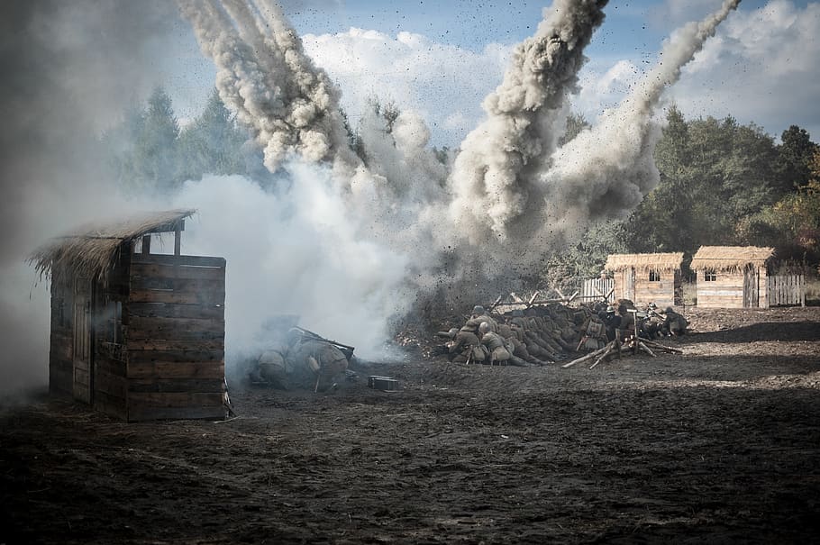 Explosion Near Brown Hut, action, landscape, pollution, sand HD wallpaper