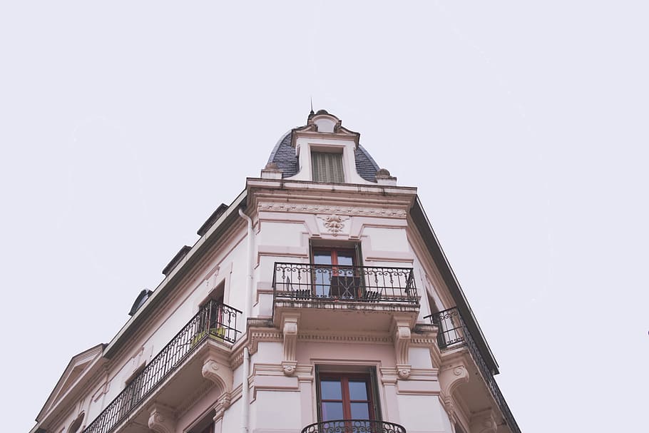 low angle view photography of building, sky, geometry, perspective HD wallpaper