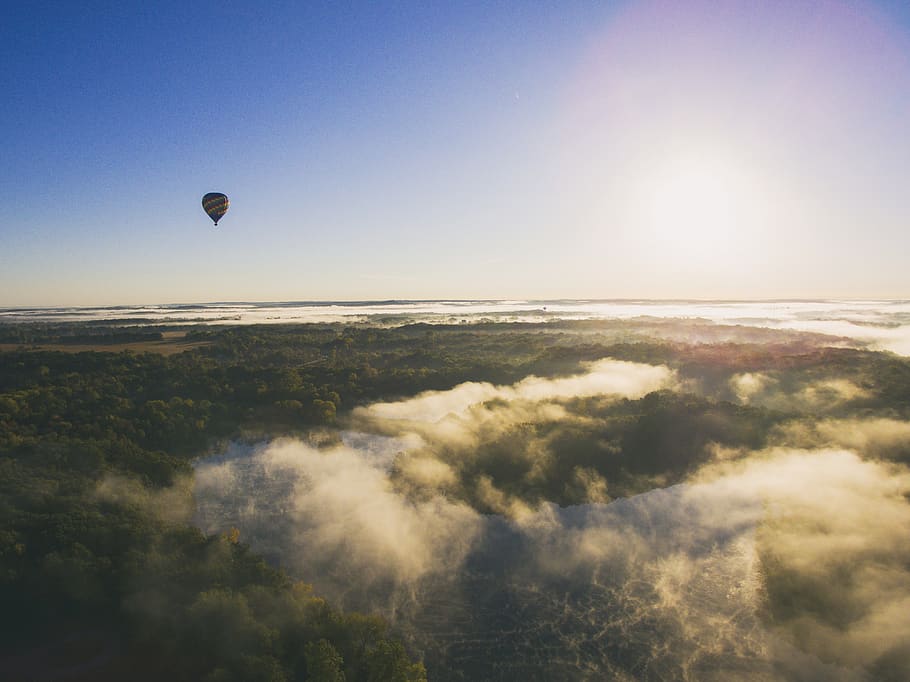aerial, cloud, flight, tree, sunrise, sky, fog, ballon, hot air ballon HD wallpaper
