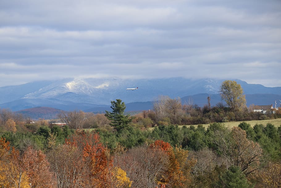 mountain, sky, clouds, vermont, airplane, tree, plant, beauty in nature HD wallpaper