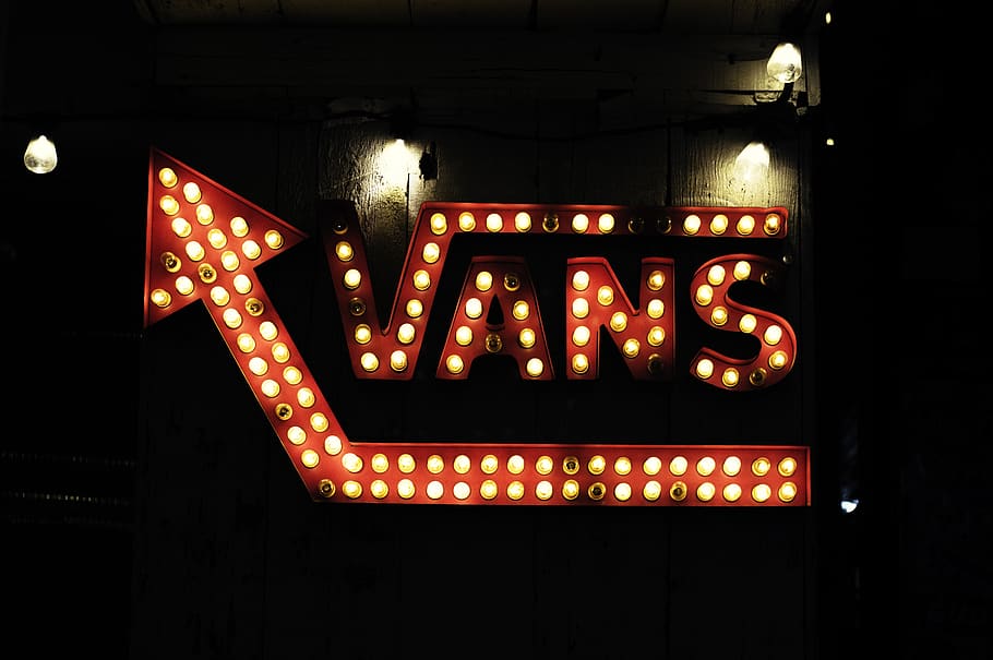 red Vans LED sign, illuminated, lighting equipment, night, low angle view HD wallpaper