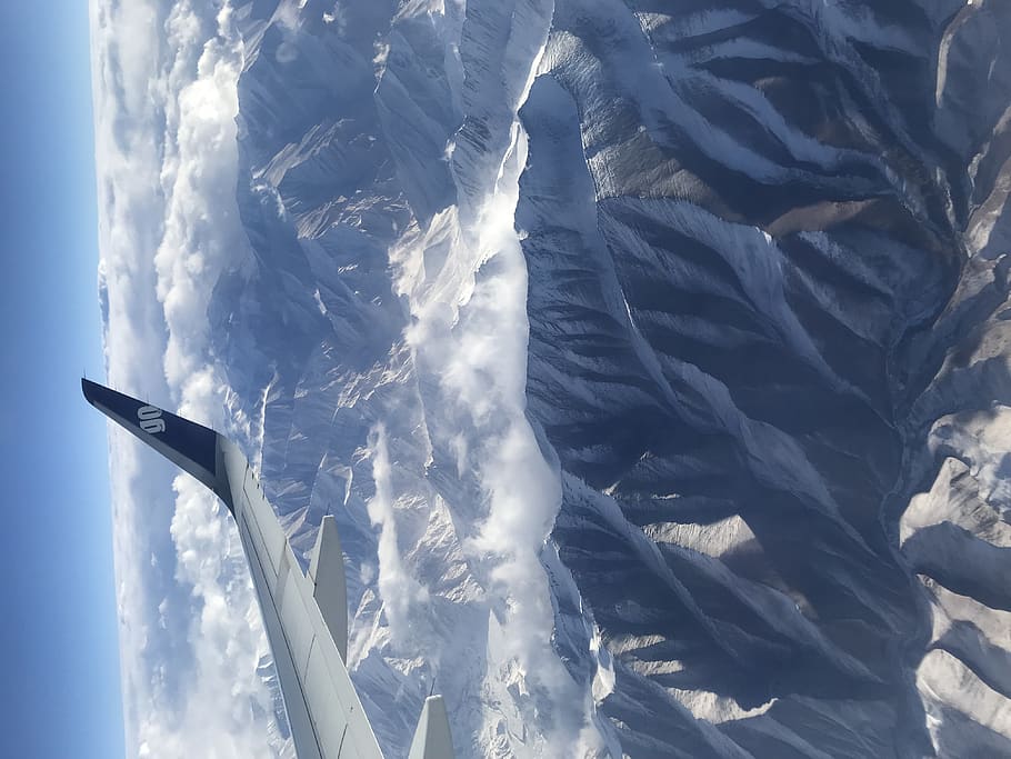 airliner wing, outdoors, mountain, nature, mountain range, peak HD wallpaper