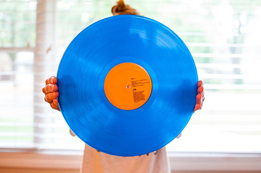 vinyl, record, album, wax, lp, blue, bright, window, orange, HD wallpaper