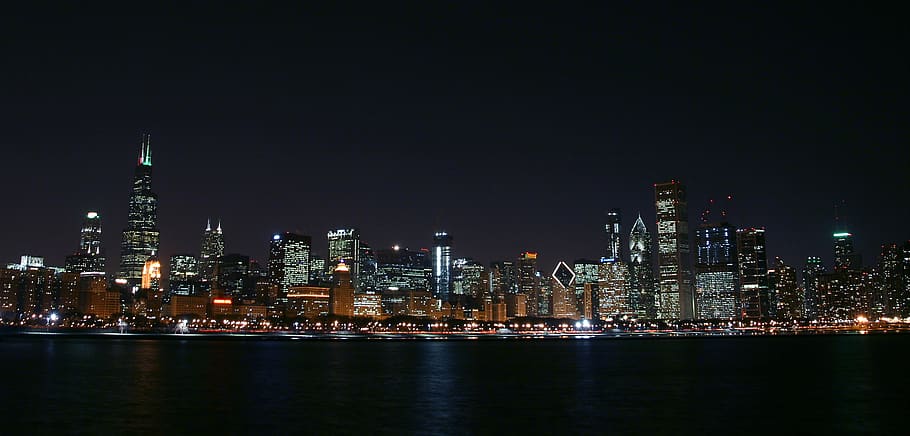 night view, chicago, nightscape, cityscape, light, nightscene HD wallpaper