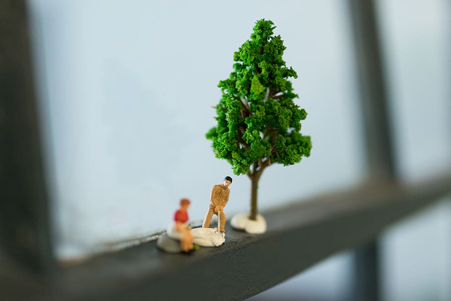 green tree and two men figurines, flora, vase, bonsai, pottery HD wallpaper
