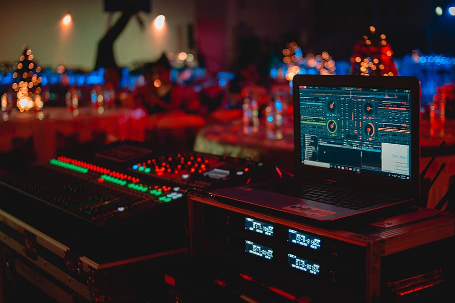 Black Laptop Beside Audio Mixer Set, blur, electronics, evening HD wallpaper