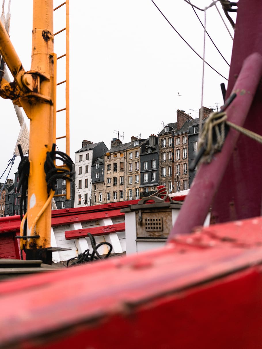 Red and White Boat, building, city, close-up, empty, outdoors HD wallpaper