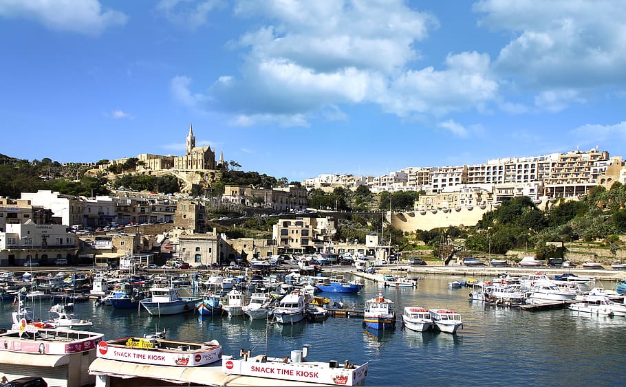 port, ship, boat, church, water, bay, port facility, gozo, malta, HD wallpaper