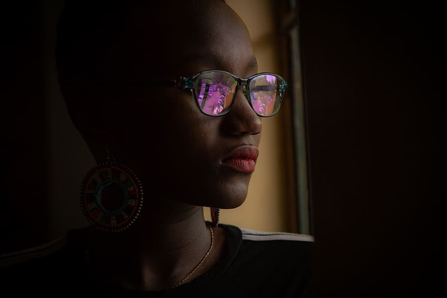 Woman Standing Near Window, close-up, colors, dark, earing, eyewear HD wallpaper