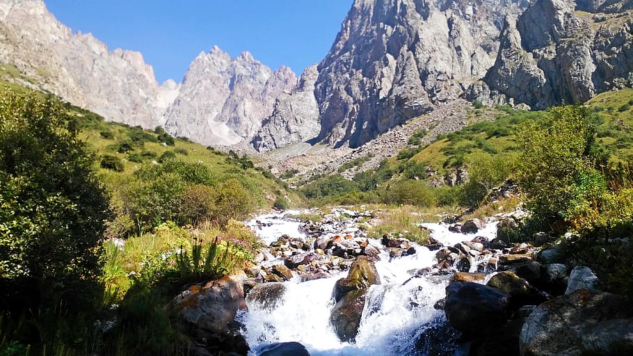 kyrgyzstan, rocks, river, mountains, beauty in nature, plant, HD wallpaper