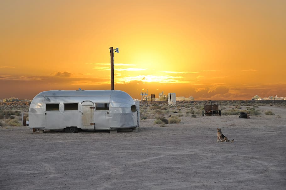 sunset, side, caravan, sky, orange color, transportation, mode of transportation HD wallpaper