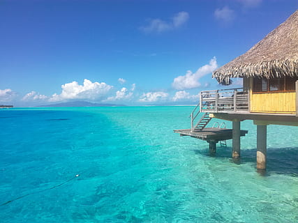 french polynesia, bora bora, turquoise, polynesian, bungalow HD wallpaper