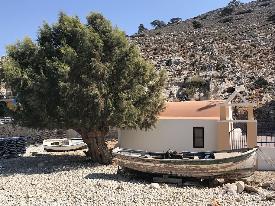 greece, symi, plant, tree, building exterior, nature, transportation HD wallpaper