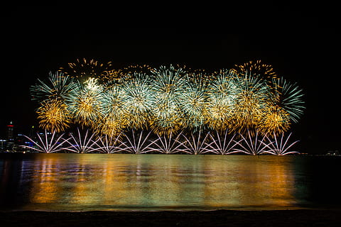 time lapse photography of fireworks, show, explosion, reflection HD wallpaper