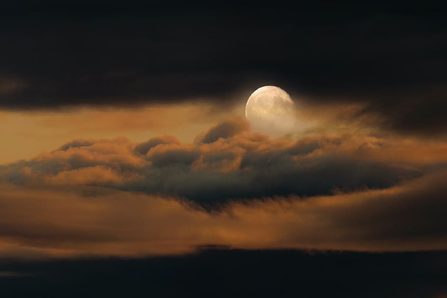 background, nature, sky, moon, full moon, clouds, mood, evening sky HD wallpaper