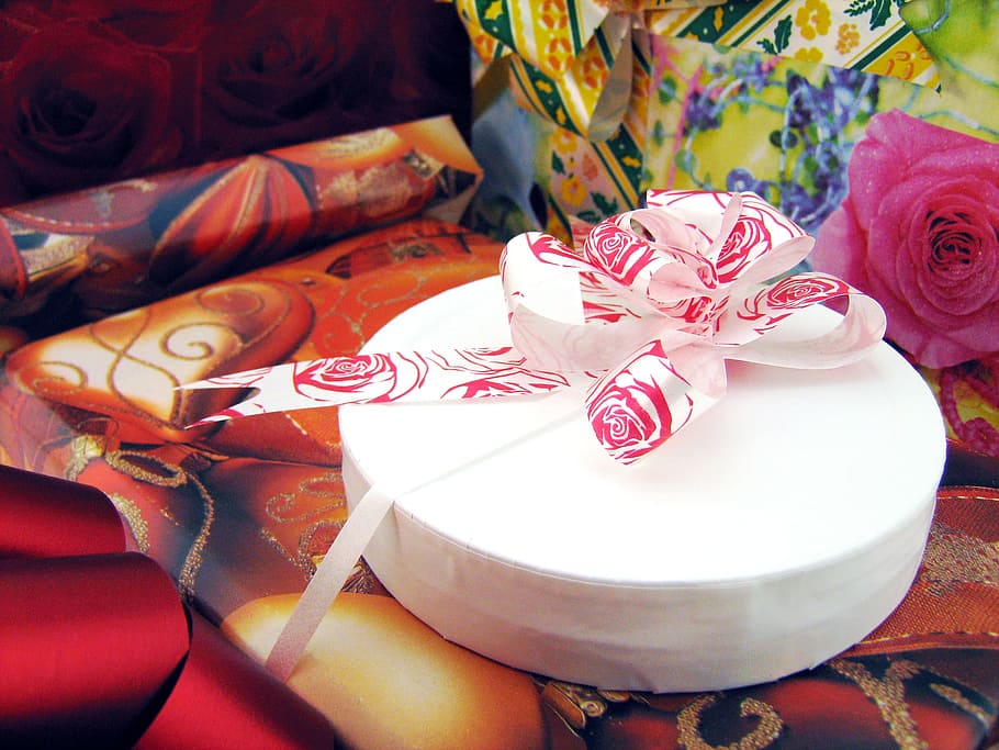 present, wrapping, decoration, bowing, red, anniversary, three-dimensiona HD wallpaper