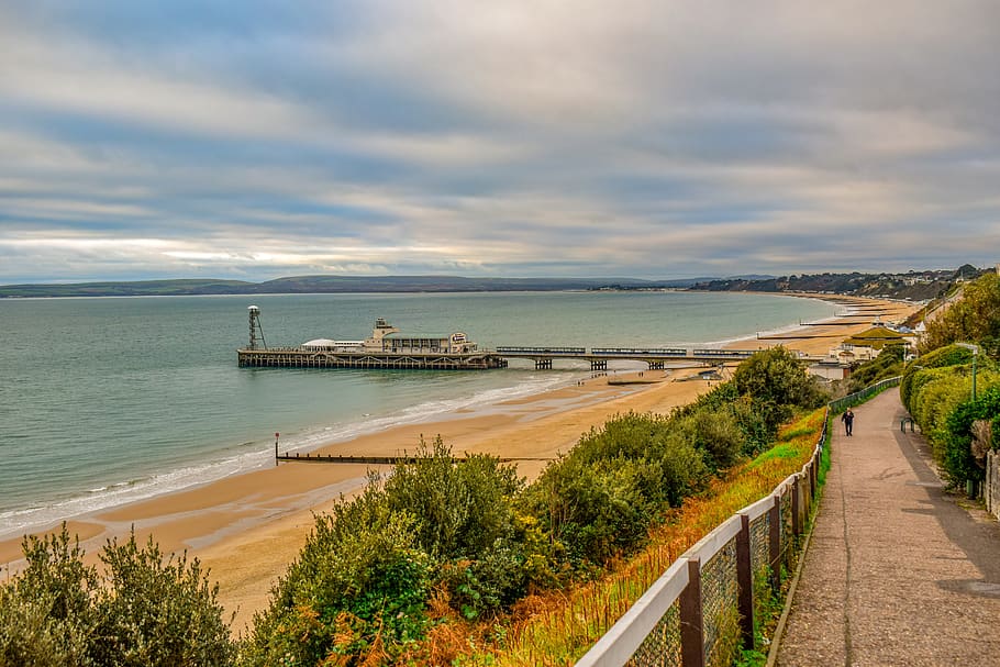 bournemouth, pier, beach, sand, travel, sky, clouds, landscape