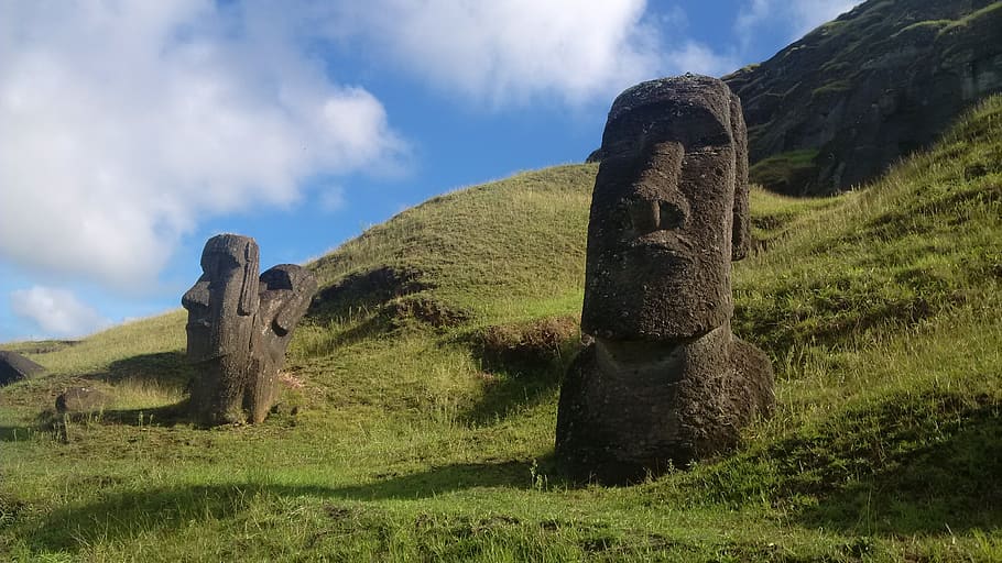 moai, quarry, easter island, history, culture, outdoors, sky