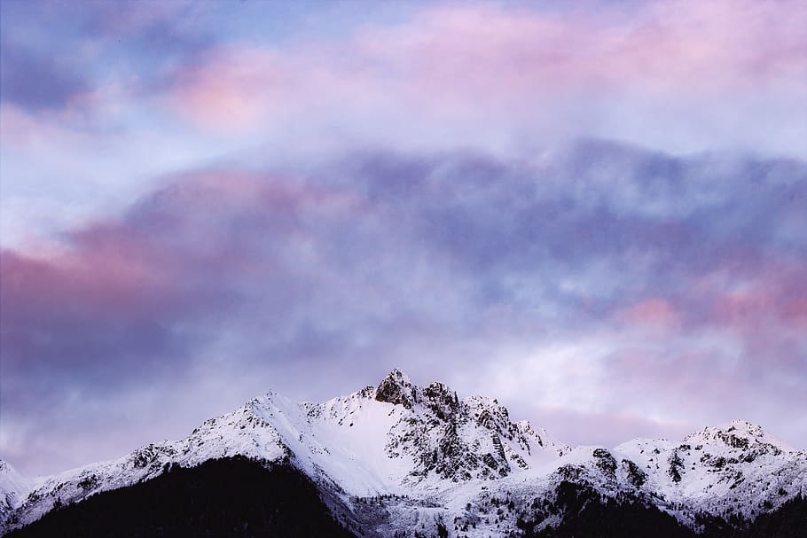 Snow-covered Mountain Under Cloudy Sky, clouds, cold, daylight HD wallpaper