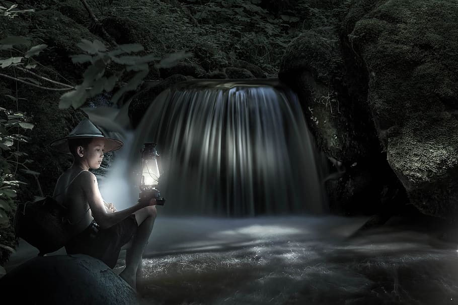 waterfall, boy, fantasy, light, landscape, forest, adventure HD wallpaper