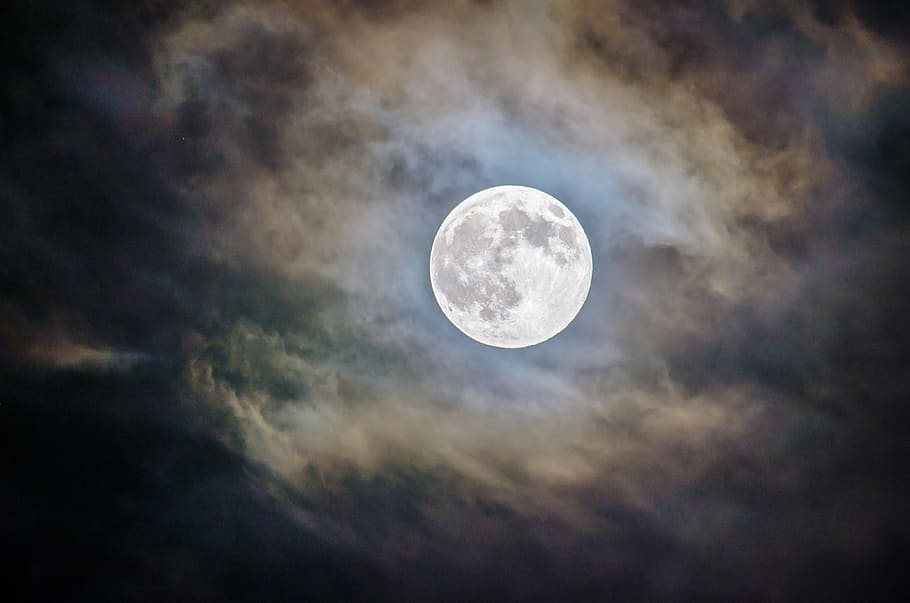 full moon and gray clouds during nighttime, sky, halloween, celestial HD wallpaper