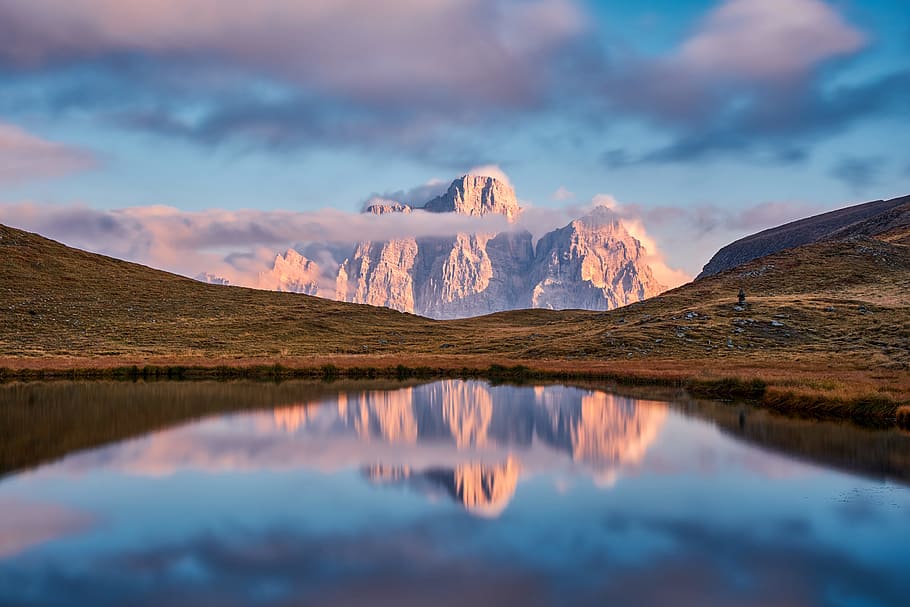 overlooking view of mountain under clouds, lake, landscape, sunset HD wallpaper