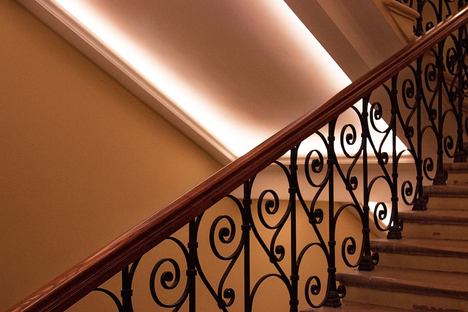 handrail, banister, railing, staircase, geometry, ladder, light, HD wallpaper