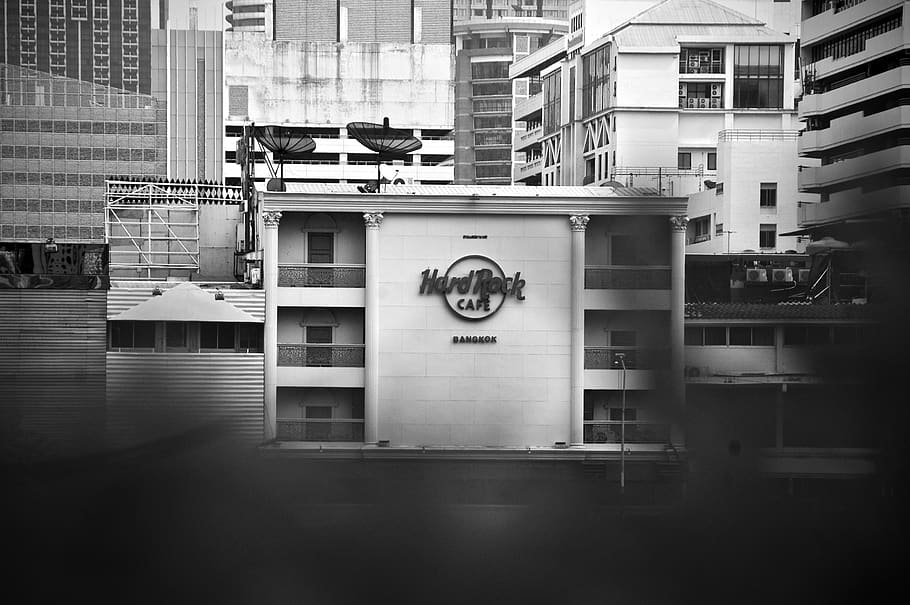 grayscale photo of Hard Rock Cafe building, urban, wall, town, HD wallpaper