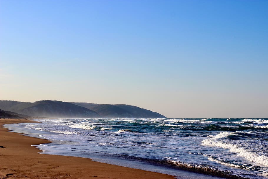 sea, coast, sand, waves, water, land, beach, beauty in nature HD wallpaper