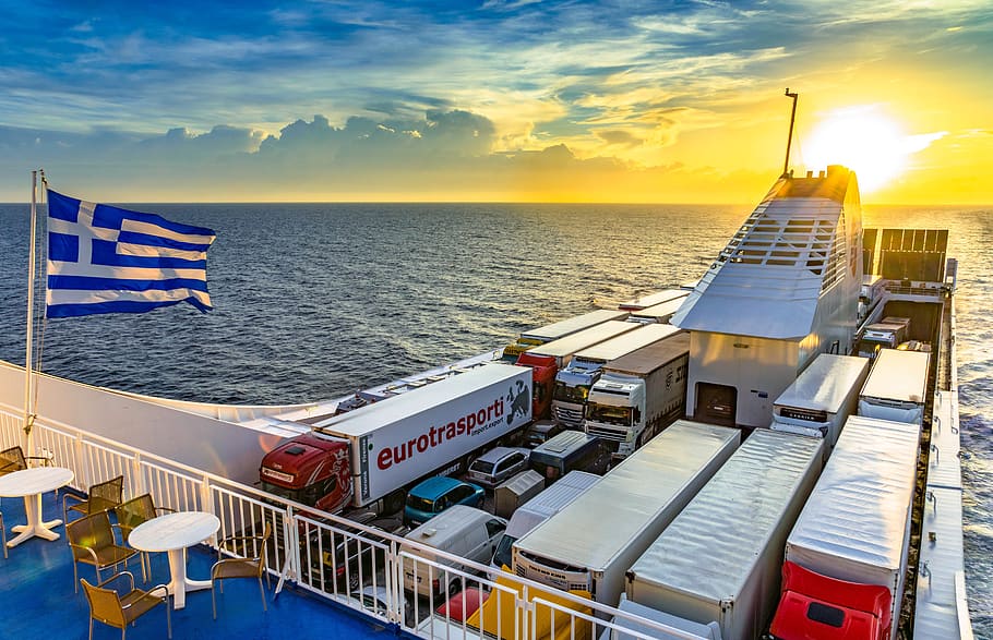 ferry, ship, mediterranean, sunset, greece, shipping, vacations HD wallpaper