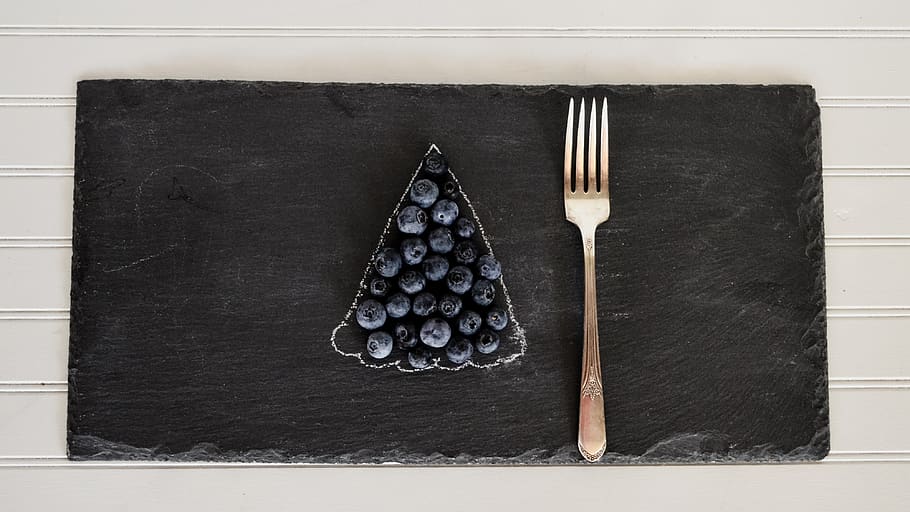 blueberries, table, fruit, blueberry, flatlay, food, fork, slate HD wallpaper