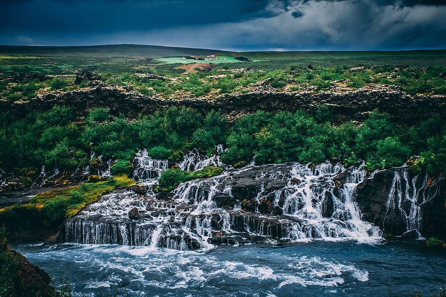 Waterfalls, cascade, dramatic sky, iceland, landscape, nature HD wallpaper