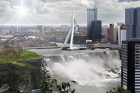old, nature, bridge, building, sun, city, waterfall, rotterdam HD wallpaper