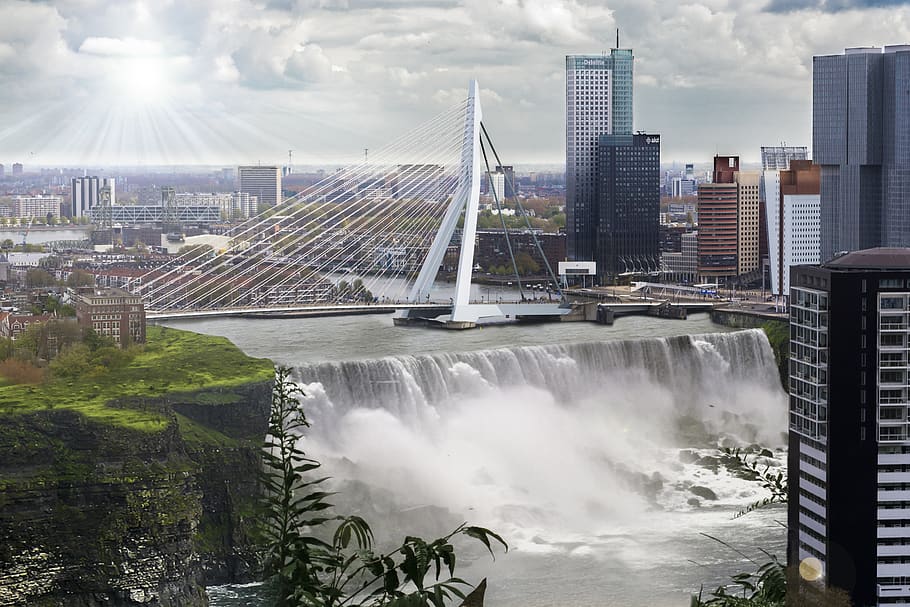 old, nature, bridge, building, sun, city, waterfall, rotterdam HD wallpaper