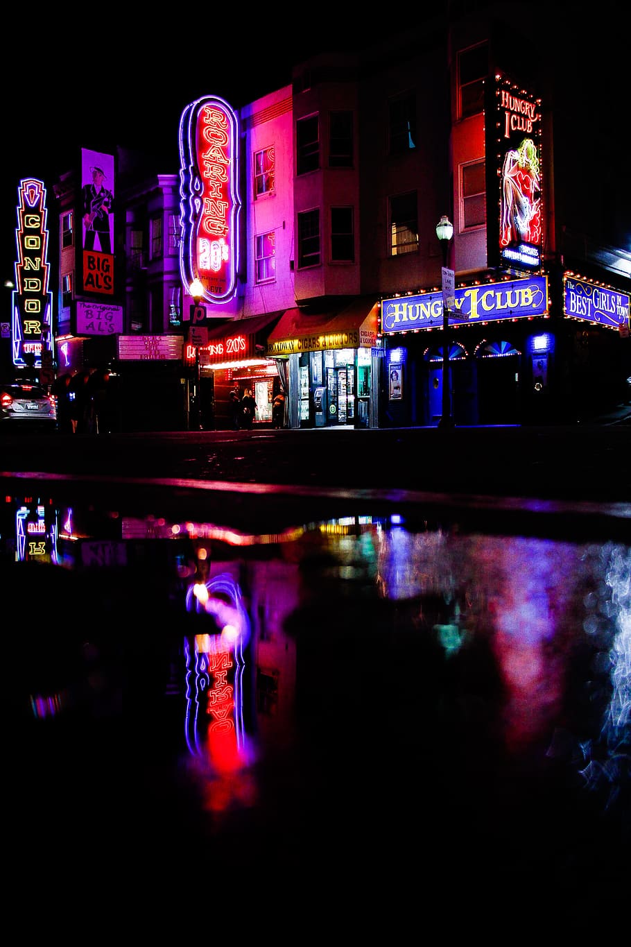 lighted buildings at nighttime, illuminated, reflection, building exterior HD wallpaper