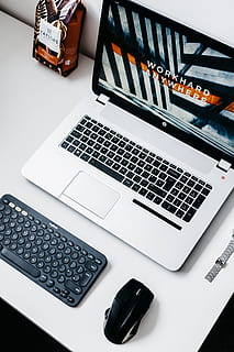 laptop, keyboard, mouse, computer, coffee, workspace, flat lay HD wallpaper