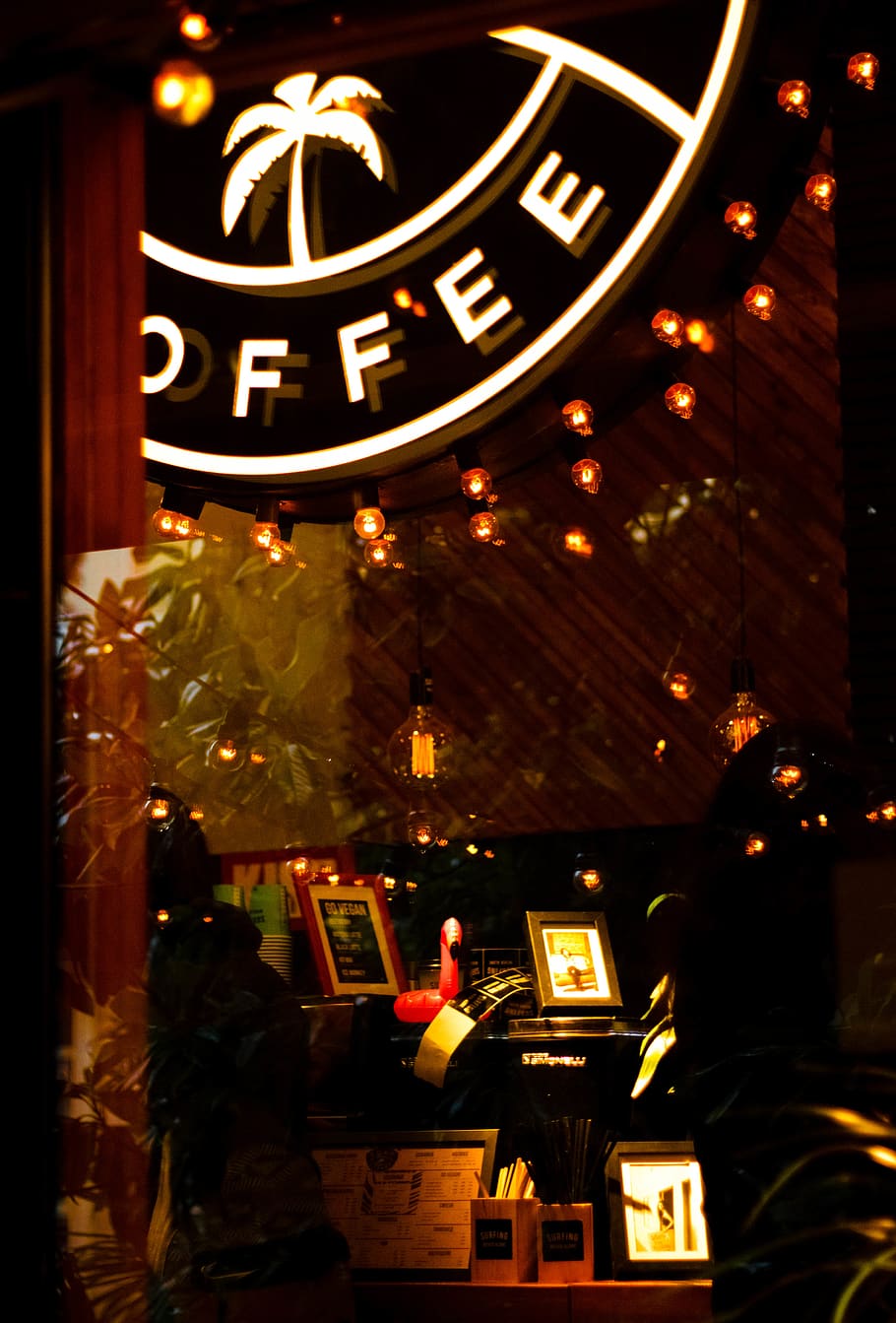 Coffee Shop Interior, bar, commerce, evening, glass, illuminated HD wallpaper