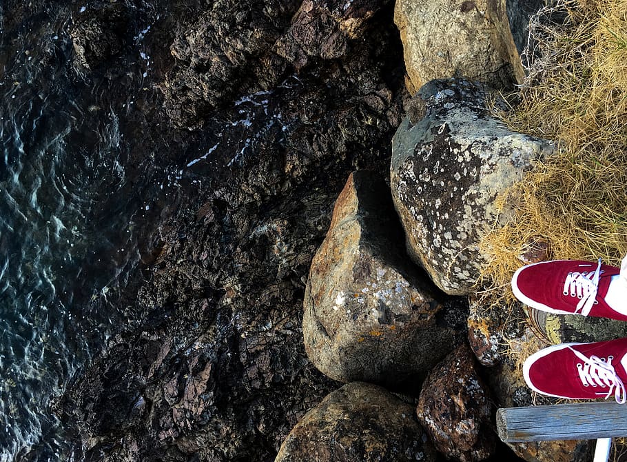 rock, #highangle, #shore, #rocks, #perspective, #ocean, #contrast HD wallpaper