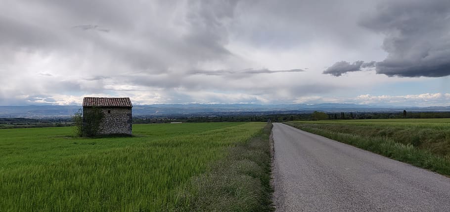 field, rain, green, landscape, spring, agriculture, road, small house HD wallpaper