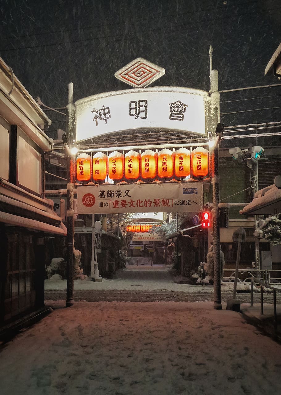 snowy, japanese, street, night, traditional, lanterns, tokyo