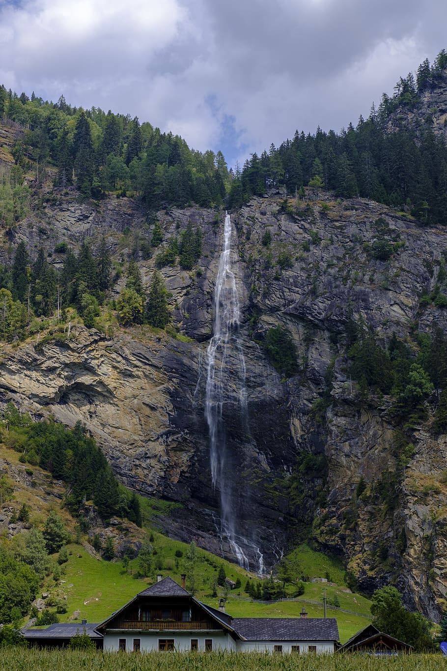 house, hut, waterfall, case, bach case, river, flow, movement HD wallpaper