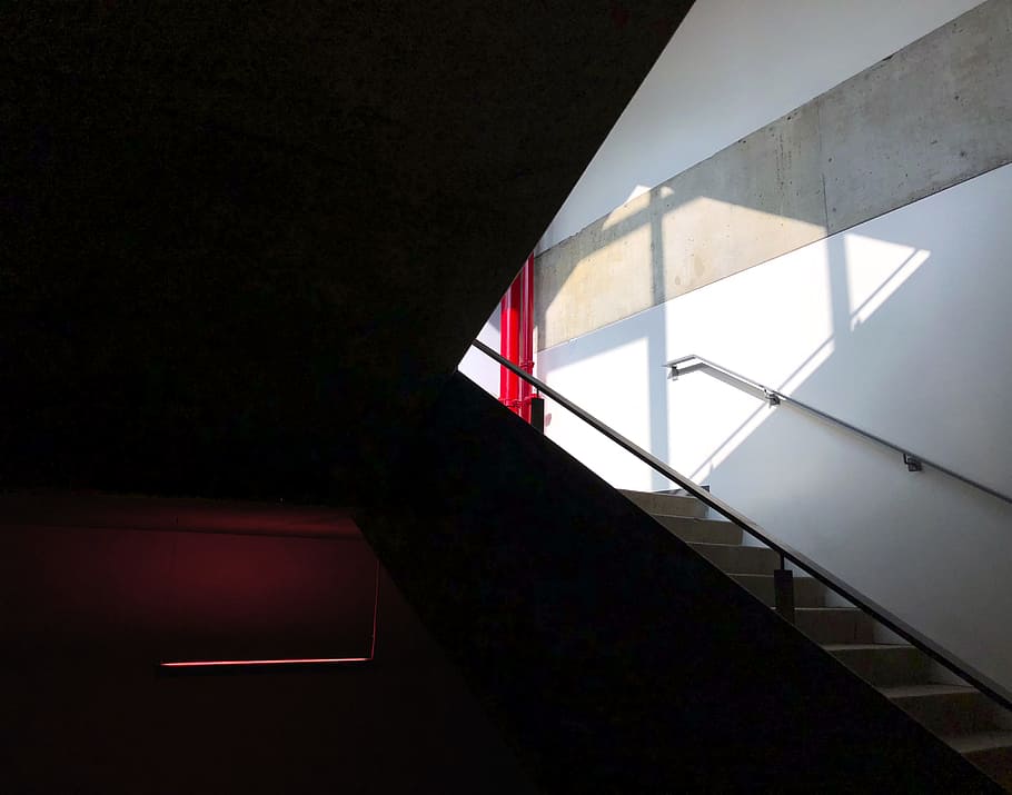 concrete staircase, step, sunlight, shadow, indoor, handrail HD wallpaper