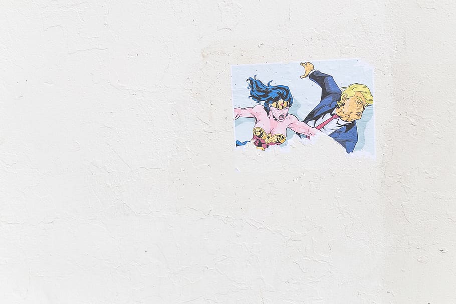 wall, white, poster, superhero, wonderwoman, trump, troll, wall - building feature HD wallpaper