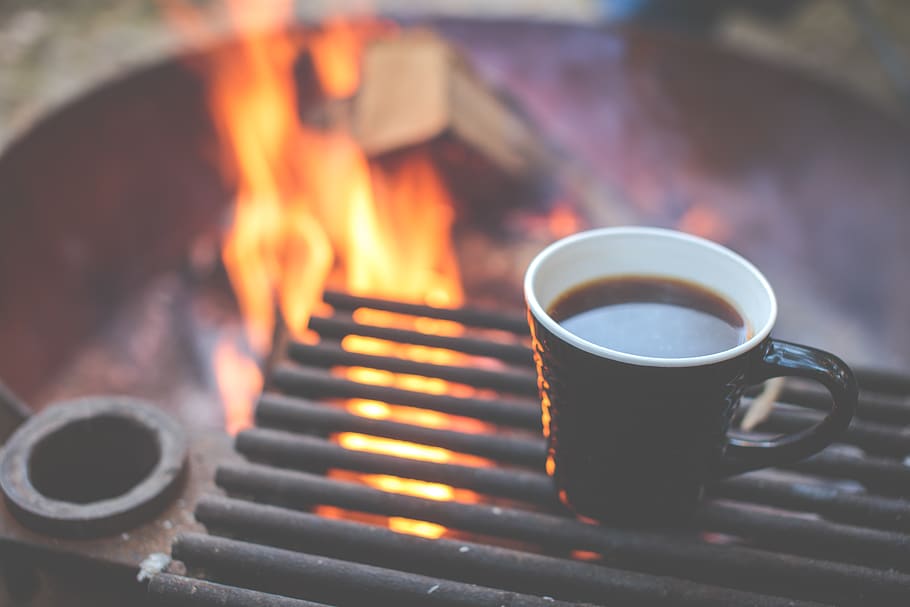 coffee, mug, cup, grill, bonfire, flames, camping, outdoors HD wallpaper