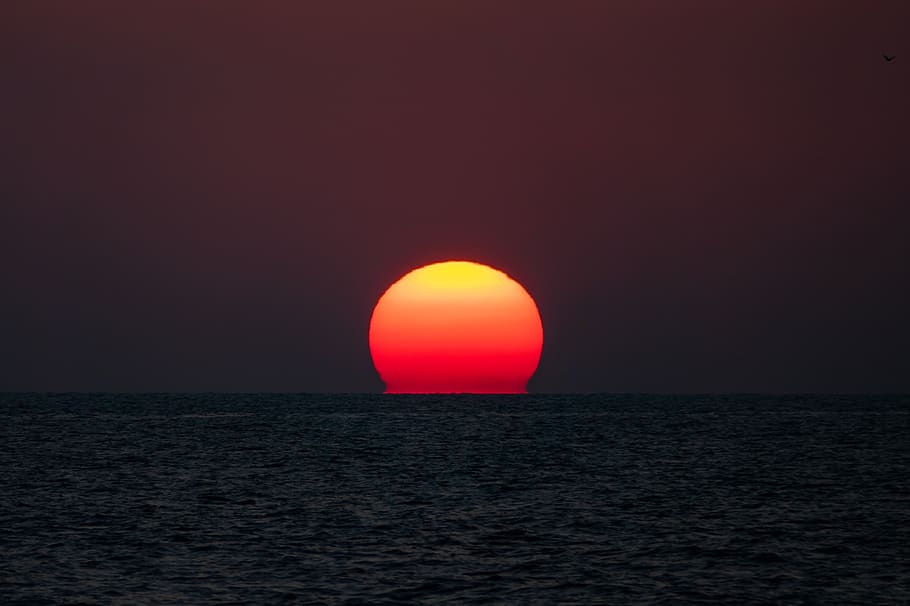sunset, sea, red, atmospheric, romantic, sky, water, horizon over water HD wallpaper